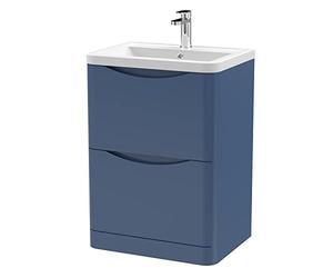 nuie LUN301A Lunar Modern Bathroom Floor Standing 2 Drawer Vanity Basin Unit with Ceramic Basin, 600mm, Satin Blue
