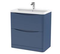 nuie LUN303 Lunar Modern Bathroom Floor Standing 2 Drawer Vanity Basin Unit with Polymarble Basin, 800mm, Satin Blue