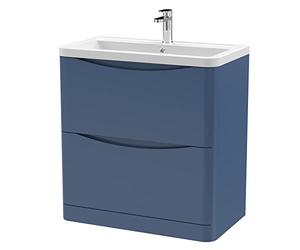 nuie LUN303A Lunar Modern Bathroom Floor Standing 2 Drawer Vanity Basin Unit with Ceramic Basin, 800mm, Satin Blue