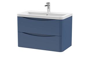 nuie LUN304A Lunar Modern Bathroom Wall Hung 2 Drawer Vanity Basin Unit & Ceramic Basin, 800mm, Satin Blue