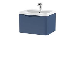 nuie LUN305 Lunar Modern Bathroom Wall Hung 1 Drawer Vanity Basin Unit & Polymarble Basin, 600mm, Satin Blue