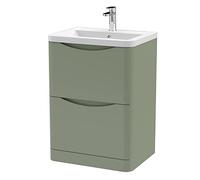 nuie LUN801A Lunar Modern Bathroom Floor Standing 2 Drawer Vanity Basin Unit with Ceramic Basin, 600mm, Satin Green