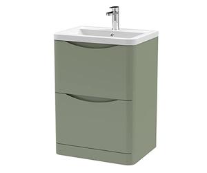 nuie LUN801A Lunar Modern Bathroom Floor Standing 2 Drawer Vanity Basin Unit with Ceramic Basin, 600mm, Satin Green