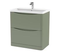 nuie LUN803 Lunar Modern Bathroom Floor Standing 2 Drawer Vanity Basin Unit with Polymarble Basin, 800mm, Satin Green