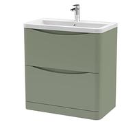 nuie LUN803A Lunar Modern Bathroom Floor Standing 2 Drawer Vanity Basin Unit with Ceramic Basin, 800mm, Satin Green