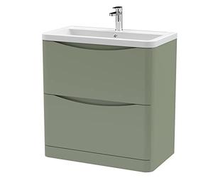 nuie LUN803A Lunar Modern Bathroom Floor Standing 2 Drawer Vanity Basin Unit with Ceramic Basin, 800mm, Satin Green