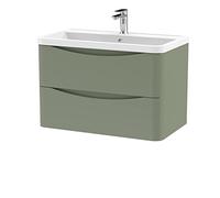 nuie LUN804 Lunar Modern Bathroom Wall Hung 2 Drawer Vanity Basin Unit & Polymarble Basin, 800mm, Satin Green