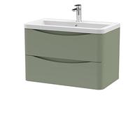nuie LUN804A Lunar Modern Bathroom Wall Hung 2 Drawer Vanity Basin Unit & Ceramic Basin, 800mm, Satin Green