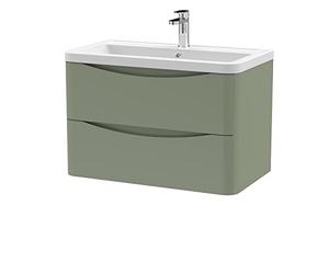 nuie LUN804A Lunar Modern Bathroom Wall Hung 2 Drawer Vanity Basin Unit & Ceramic Basin, 800mm, Satin Green