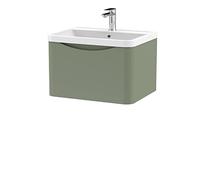 nuie LUN805 Lunar Modern Bathroom Wall Hung 1 Drawer Vanity Basin Unit & Polymarble Basin, 600mm, Satin Green