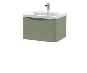 nuie LUN805A Lunar Modern Bathroom Wall Hung 1 Drawer Vanity Basin Unit & Ceramic Basin, 600mm, Satin Green