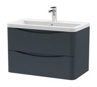 Nuie Lunar Satin Wall Hung 2 Drawer Vanity Unit and Ceramic Basin | Soft Black | MDF | 800mm