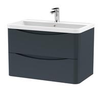 Nuie Lunar Satin Wall Hung 2 Drawer Vanity Unit and Polymarble Basin | Soft Black | MFC | 800mm
