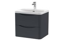 Nuie Lunar Satin Wall Hung 2 Drawer Vanity Unit and Thin Edge Ceramic Basin | Soft Black | MFC | 600mm