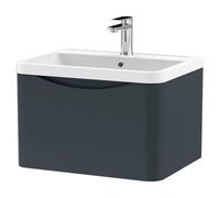 Nuie Lunar Satin Wall Hung Single Drawer Vanity Unit and Polymarble Basin | Soft Black | MFC | 600mm
