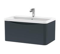 nuie LUN1406 Lunar Modern Bathroom Wall Hung 1 Drawer Vanity Basin Unit & Polymarble Basin, 800mm, Soft Black