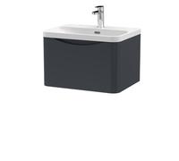 Nuie Lunar Satin Wall Hung Single Drawer Vanity Unit and Thin Edge Ceramic Basin | Soft Black | MFC | 600mm