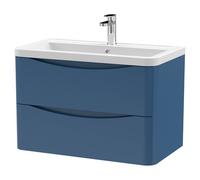 Nuie Lunar Wall Hung 2 Drawer Vanity Unit and Ceramic Basin | Satin Blue | MDF | 800mm