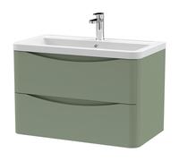 Nuie Lunar Wall Hung 2 Drawer Vanity Unit and Ceramic Basin | Satin Green | MDF | 800mm