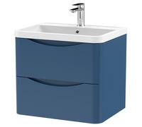 Nuie Lunar Wall Hung 2 Drawer Vanity Unit and Polymarble Basin | Satin Blue | MDF | 600mm