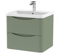 nuie LUN802 Lunar Modern Bathroom Wall Hung 2 Drawer Vanity Basin Unit & Polymarble Basin, 600mm, Satin Green