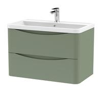 Nuie Lunar Wall Hung 2 Drawer Vanity Unit and Polymarble Basin | Satin Green | MFC | 800mm