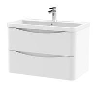 Nuie Lunar Wall Hung 2 Drawer Vanity Unit and Polymarble Basin | Satin White | MFC | 800mm