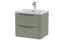 Nuie Lunar Wall Hung 2 Drawer Vanity Unit and Thin Edge Ceramic Basin | Satin Green | MFC | 600mm