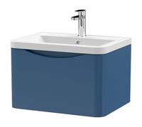 Nuie Lunar Wall Hung Single Drawer Vanity Unit and Ceramic Basin | Satin Blue | MDF | 600mm