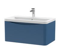 Nuie Lunar Wall Hung Single Drawer Vanity Unit and Ceramic Basin | Satin Blue | MDF | 800mm
