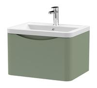 Nuie Lunar Wall Hung Single Drawer Vanity Unit and Ceramic Basin | Satin Green | MDF | 600mm