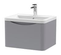 Nuie Lunar Wall Hung Single Drawer Vanity Unit and Ceramic Basin | Satin Grey | MDF | 600mm