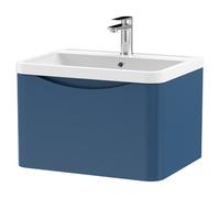 Nuie Lunar Wall Hung Single Drawer Vanity Unit and Polymarble Basin | Satin Blue | MDF | 600mm