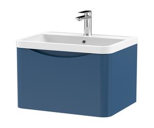 Nuie Lunar Wall Hung Single Drawer Vanity Unit and Polymarble Basin | Satin Blue | MDF | 600mm