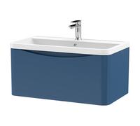 Nuie Lunar Wall Hung Single Drawer Vanity Unit and Polymarble Basin | Satin Blue | MFC | 800mm