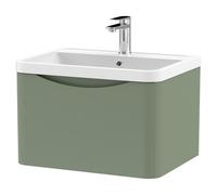 Nuie Lunar Wall Hung Single Drawer Vanity Unit and Polymarble Basin | Satin Green | MDF | 600mm