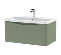 Nuie Lunar Wall Hung Single Drawer Vanity Unit and Polymarble Basin | Satin Green | MFC | 800mm