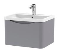Nuie Lunar Wall Hung Single Drawer Vanity Unit and Polymarble Basin | Satin Grey | MFC | 600mm