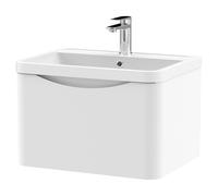 Nuie Lunar Wall Hung Single Drawer Vanity Unit and Polymarble Basin | Satin White | MDF | 600mm