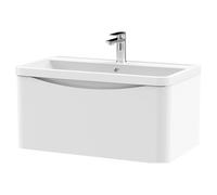 Nuie Lunar Wall Hung Single Drawer Vanity Unit and Polymarble Basin | Satin White | MDF | 800mm