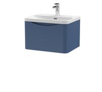 Nuie Lunar Wall Hung Single Drawer Vanity Unit and Thin Edge Ceramic Basin | Satin Blue | MFC | 600mm