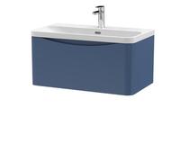 Nuie Lunar Wall Hung Single Drawer Vanity Unit and Thin Edge Ceramic Basin | Satin Blue | MFC | 800mm