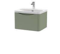 Nuie Lunar Wall Hung Single Drawer Vanity Unit and Thin Edge Ceramic Basin | Satin Green | MFC | 600mm
