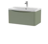 Nuie Lunar Wall Hung Single Drawer Vanity Unit and Thin Edge Ceramic Basin | Satin Green | MFC | 800mm