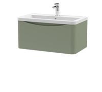 nuie Modern Bathroom Wall Hung 1 Drawer Vanity Unit & Ceramic Basin, 800mm, Satin Green