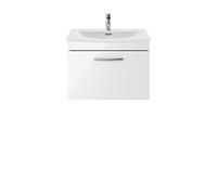 nuie Modern Bathroom Wall Hung 1 Soft Close Drawer Vanity Unit with Curved Ceramic Basin with 30mm Profile, 600mm, Gloss White, Manufactured Wood