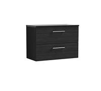 nuie Modern Bathroom Wall Hung 2 Drawer Vanity Unit with Laminate Worktop, Woodgrain Charcoal Black, 800mm
