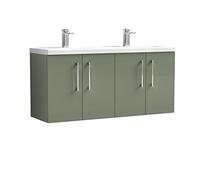 nuie Modern Bathroom Wall Hung 4 Door Double Vanity Unit with Twin Ceramic Basin, Satin Green, 1200mm