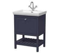 Nuie Old London Bexley Floor Standing 1 Drawer Vanity & 1 Tap Hole Fireclay Basin, Stylish Vanity Unit With Basin, Indigo Blue, 600mm