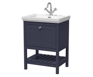 Nuie Old London Bexley Floor Standing 1 Drawer Vanity & 1 Tap Hole Fireclay Basin, Stylish Vanity Unit With Basin, Indigo Blue, 600mm
